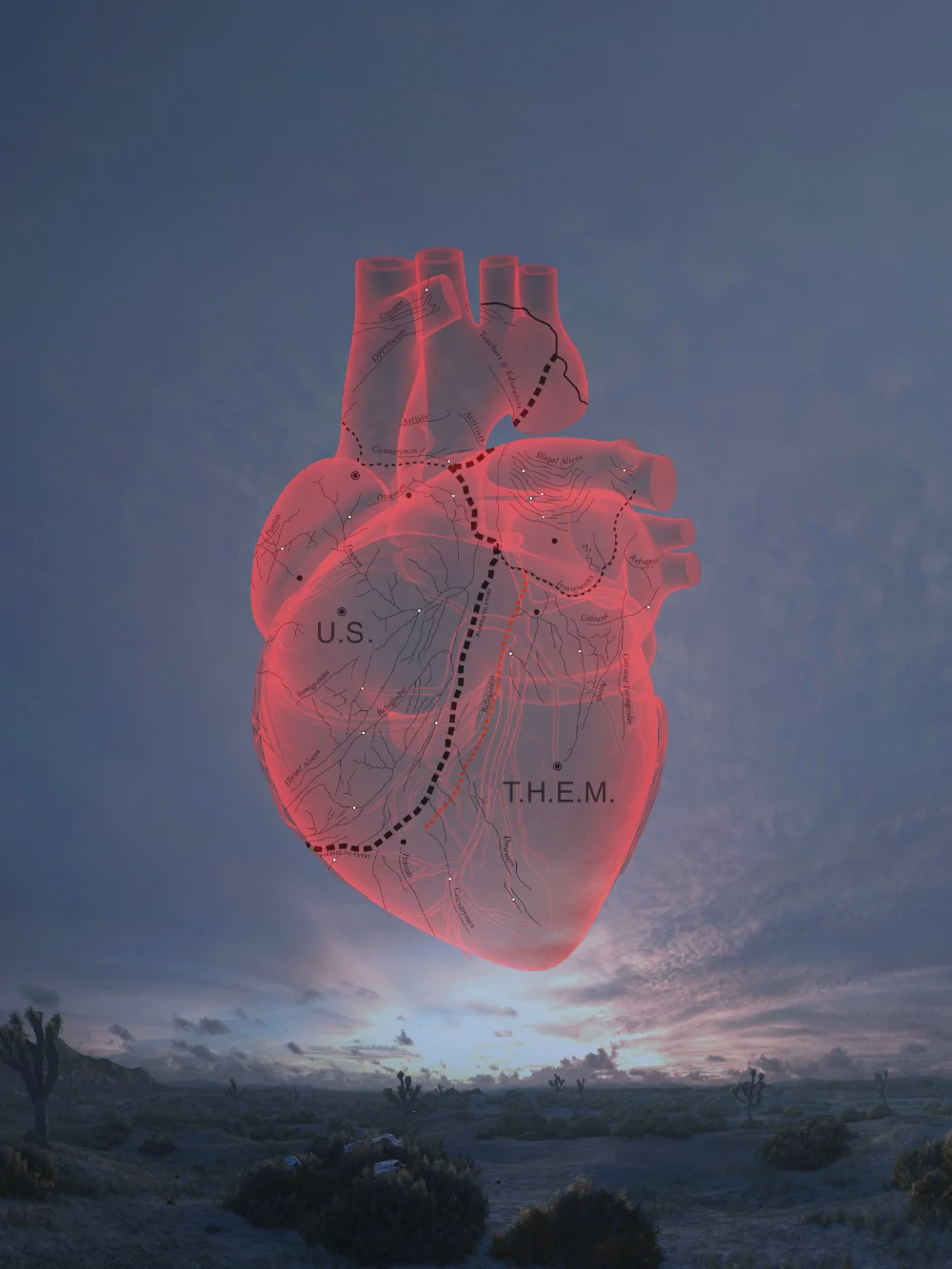 A human heart divided by a border line floats over the desert. Night scene.